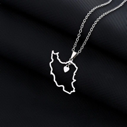 1Pcs New Stainless Steel Iran Map Hollow Heart Pendant Necklace Men's and Women's Versatile Sweater Chain Accessories Pendant