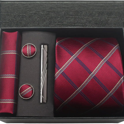 Classic 100% Silk Men's Ties In Gift box 8cm Plaid Dot Striped Business Necktie Handkerchief Cufflinks Wedding Party Tie Set