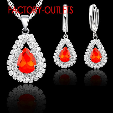 Hot Sale Genuine 925 Sterling Silver Bridal Jewelry Sets Shiny Crystal Water Drop Necklaces Hoop Earrings Women Party Engagement