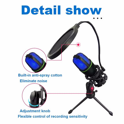 Condenser Microphone USB Wired For PC Computer Laptop Professional Gaming Accessories Streaming Sound Live Podcast RGB Record