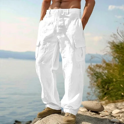 2026 Summer Men'S Cotton And Linen Pants Multiple Pockets Breathable Loose Drawstring Straight Leg Pants Sports And Casual Pants