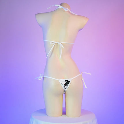 Cute Milk Cow Printing Patent Leather Bikini Set Cow Cosplay Costume Women Sexy Bandage Swimsuit Lolita Underwear Bra Panty Suit