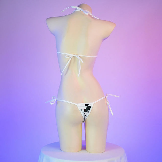 Cute Milk Cow Printing Patent Leather Bikini Set Cow Cosplay Costume Women Sexy Bandage Swimsuit Lolita Underwear Bra Panty Suit
