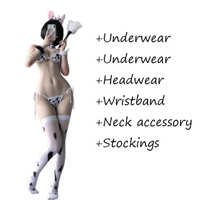 Cute Hot Anime Cow Cosplay Exotic Costume Japanese Style Bikini Lingerie Set for Role Play Night Sleepwear Clubwear Maid Uniform