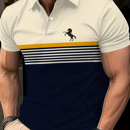 3D Digital Printed Short-Sleeved Polo Casual Style Stand-Up Horse Emblem Pattern Printed Short-Sleeved Golf T-Shirt