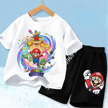 High Quality Kids 2Pcs Set Marios Cartoon Short Sleeve T-Shirt + Elastic Waist Shorts Comfortable Summer Children Clothing Suits
