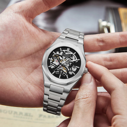 LONGLUX Men Automatic Watch Special Tough Guy Waterproof Skeleton Mechanical Watches Trend Alien Stainless Steel Gift Watch