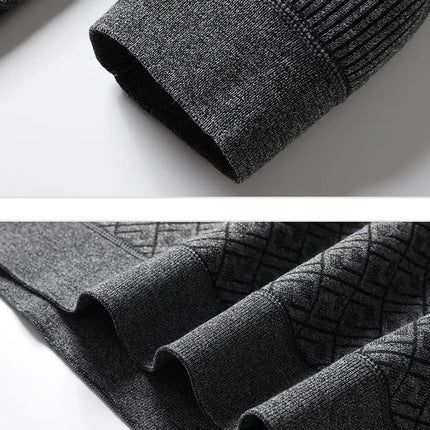 Winter Warm Thick Pullovers Men Polo Neck Fake Two Pieces Sweaters Fashion Casual Striped Fleece Lined Jumper Knitting Sweaters