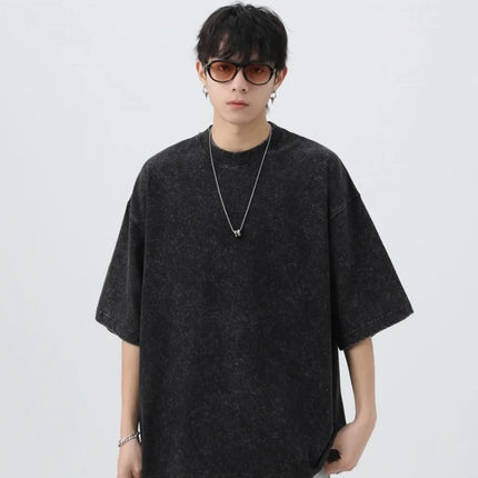 Summer men's washed T-shirt 230G pure cotton retro faded loose neutral basic short-sleeved loose fitness top