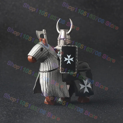 MOC Medieval Military Crusader Knight Building Blocks Castle Army Soldier Figure Horse Mount Shield Sword Accessories Bricks Toy