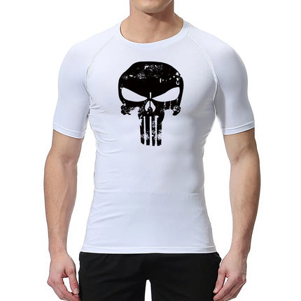 Skull Print Compression Shirts for Men Gym Workout Running Tshirts Sporty Athletic Quick Dry Tees Tops Short Sleeve Rash Guard