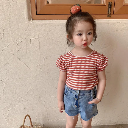 2024 Summer New Korean Style Baby Girls Striped T-shirts Bowknot Backless Puff Sleeve Tops Toddlers Kids Tees