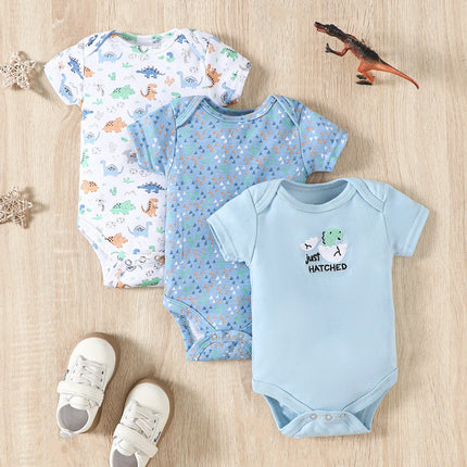 3PCS Summer Baby Bodysuit Three piece Set with Cartoon Dinosaur Pattern and Stripe Pattern Button Design for 0-9 Months Old Boys