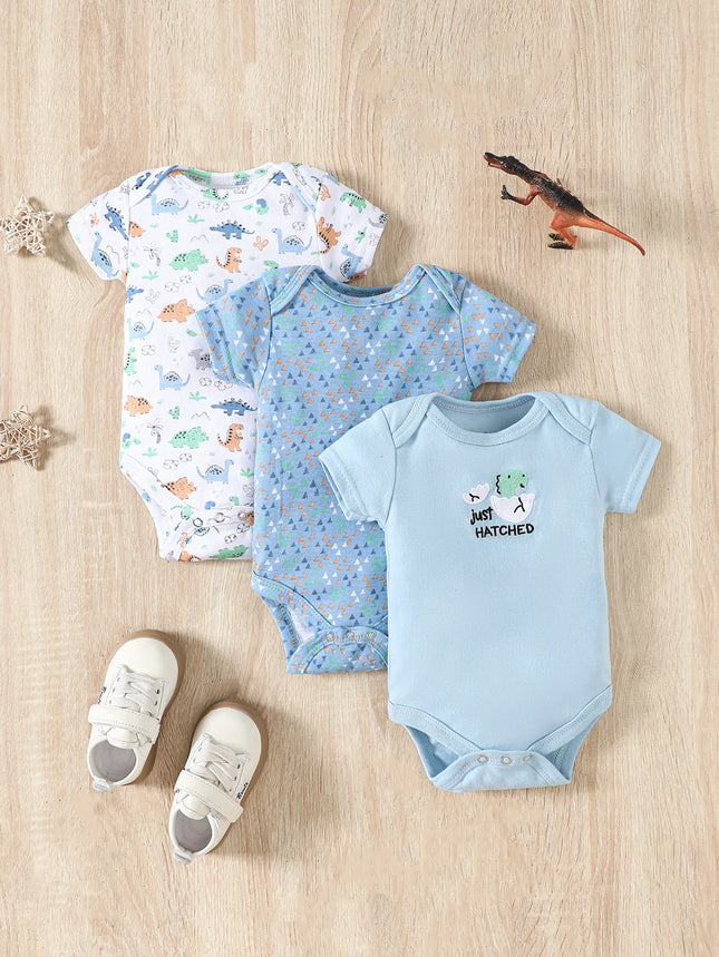 3PCS Summer Baby Bodysuit Three-Piece Set with Cartoon Dinosaur Pattern and Stripe Pattern Button Design for 0-9 Months Old Boys