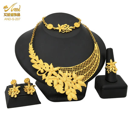Luxury Ethiopian 24k Gold Color Twisted Necklace And Earrings Jewelry Sets For Women Dubai Indian Bridal Set Wedding