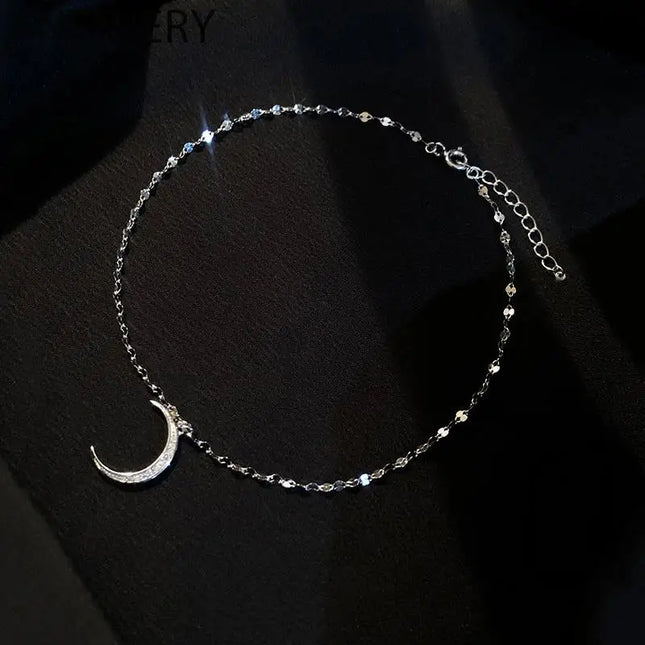 ANENJERY Silver Color Moon Cubic Zircon Anklet Bracelet Dainty Meniscus Anklet Jewelry For Women Summer Beach Gift Bracelet