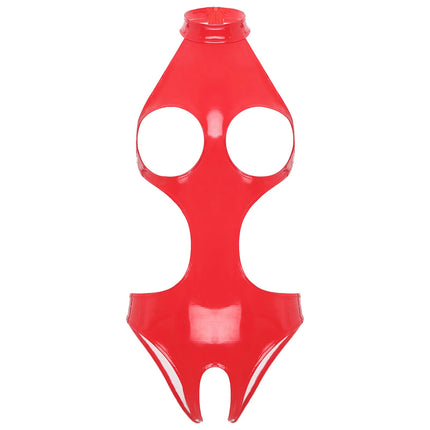 Womens Wetlook Faux Leather Cupless Bodysuit Halter Neck Sleeveless Rave Dance Clubwear Leotard Sexy Open Crotch Bodycon Catsuit