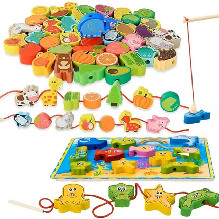 Montessori Educational Stringing Threading Wooden Beads Toys Cartoon Fruit Animal DIY Early Learning Toy for Kids Christmas Gift