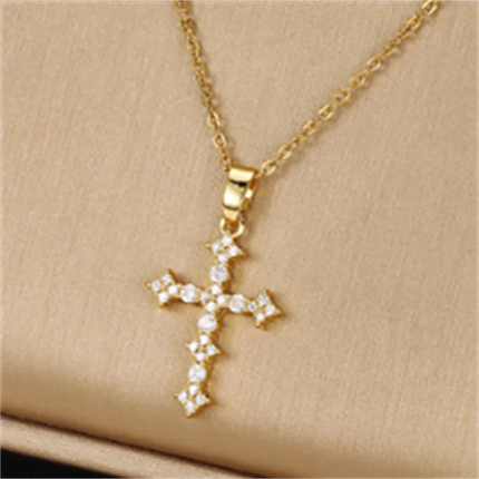 Female Full Zircon Big Cross Pendant Chains Necklaces For Women Gold Color Metal White Stone Clavicle Necklace Birthday Jewelry