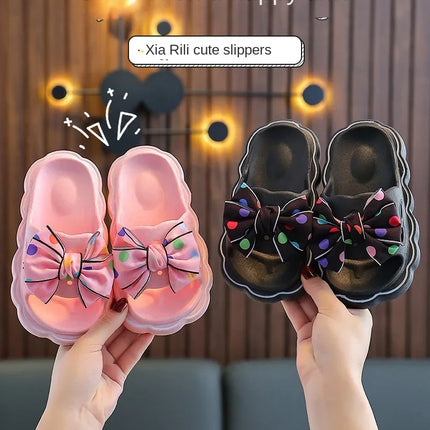 Children Slippers Girls Wearing Soft Soled Slippers Outside Cute Bow Anti Slip Bathroom Slippers Contrast Color Kid Slippers