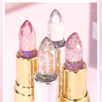 QIBEST Glitter Lipstick Lip Balm Color Change Transparent Moisturizing Crystal Jelly Pearlescent Lip Plumper Gloss Tint Cosmetic