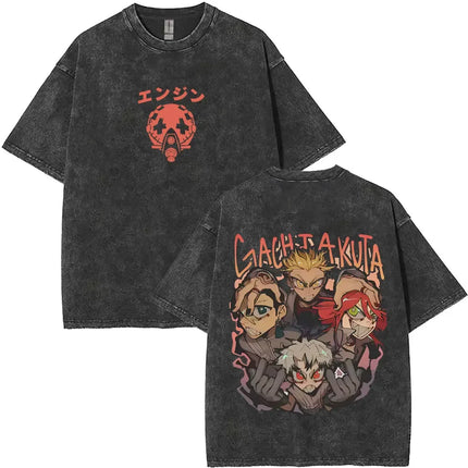 Washed Vintage Anime Gachiakuta Rudo Enjin Zanka Riyo Face Graphic T-shirt Men Women Casual Cartoon Manga Short Sleeve T-shirts