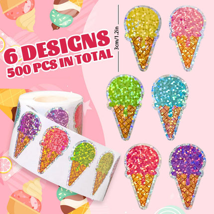 100-500 Pcs Summer Ice Cream Stickers Roll Holographic Ice Cream Cone Stickers Colored Waterproof Self-Adhesive Decals for Gift
