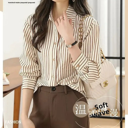 Women's Striped Shirt Casual Long Sleeve Fashion Outerwear Korean Style Spring Autumn New Arrival Elegant French Feel Top
