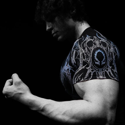 GYM T-shirt Men's Dark Gothic Print Muscle Tee  High Elasticity And Quick Drying Exercise For Bodybuilding Training 2025 Summer