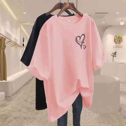 Summer 2025 New Elegant Love Print T-shirts Women Clothing Casual Loose Cotton Pullover Office Lady Basic Short Sleeve Top Tees
