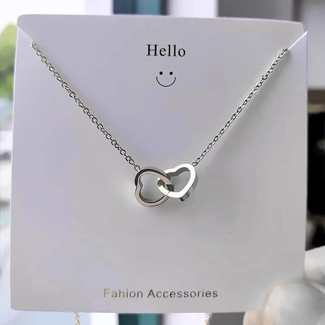 Simple Double Heart Pendant Necklace for Women Couple Stainless Steel Choker Gold Color Chain Wedding Party Friends Jewelry Gift