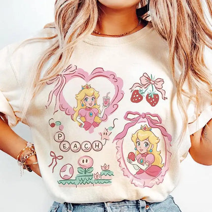 Princess Peach Shirt Super Mario Coquette Shirt Princess Peach Girly 2026 Summer New Men's Women's Cotton Oversized T-shirt Y2K