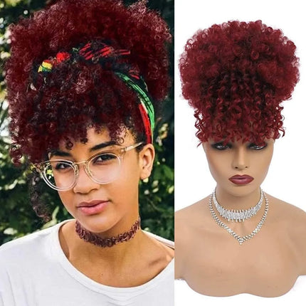 Drawstring Ponytail with Bangs Synthetic Afro Puff Ponytail Extensions Short Curly Clip in Wrap Updo Hairpiece for Women