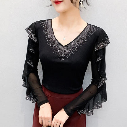 2025 Autumn New Style Mesh Tops Korean Fashion Round Neck Ruffles Shirt Lotus Leaf Edge Hot Diamond Long Sleeve Women T-Shirt
