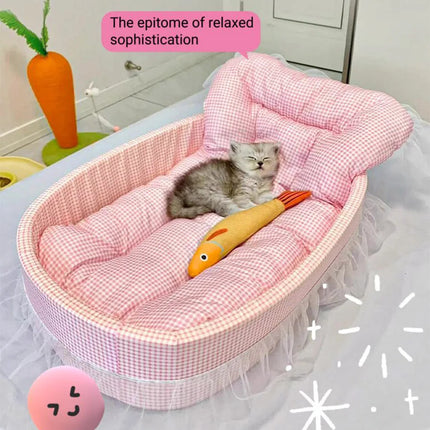Cute Lace-Trimmed Pet Cat Princess Sofa Bed For Four Seasons  Washable and Removable Soft Plush Oval for Small Dogs/Cats