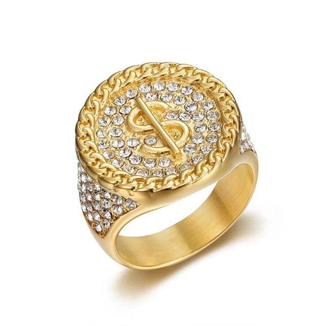 Hip Hop Iced Out Bling Dollar Signs Ring Male Gold Color Stainless Steel Rapper Big Round Money Rings For Men Party Jewelry Gift