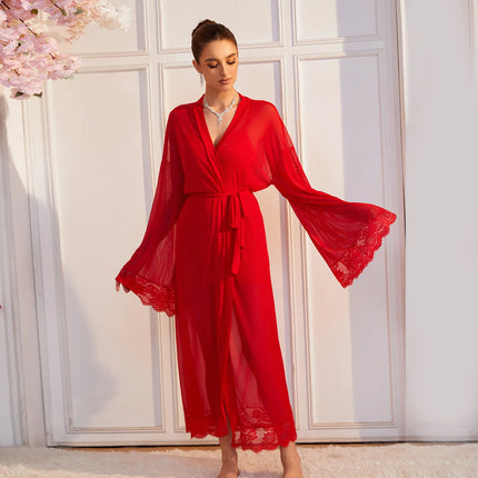 Sexy See-through Mesh Nightgown For Home Leisure Lace-up Cardigan Thin Bathrobe For Women Solid Color Dress Elegant M9ET