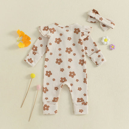 Toddler Baby Girl Floral Jumpsuit with Headband 2Pcs Clothing Knitted Set Children Long Sleeve Bodysuits Kids Sleepwear Overall