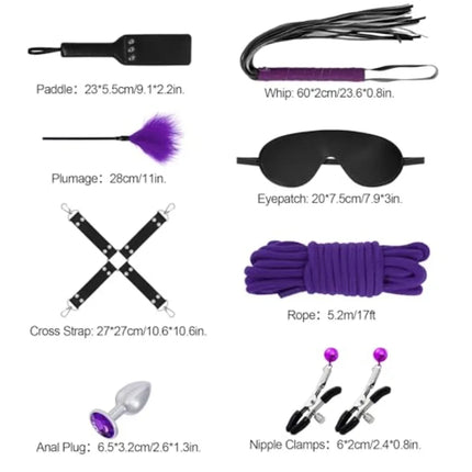 12 PCS Sex Bondage BDSM Restraints Kits Fetish Handcuffs Ankle Cuff Collar Blindfold Whip Rope Nipple Clamps Paddle Anal Toys B