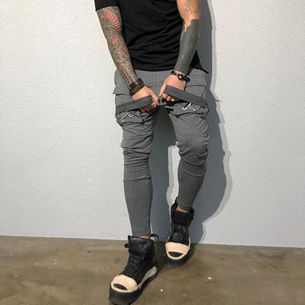 Mens Running Stretch Tights Sweatpants Sports Breathable Fitness Hip Hop Cotton Multi Pocket Cargo Pants Slim Leggings Chain