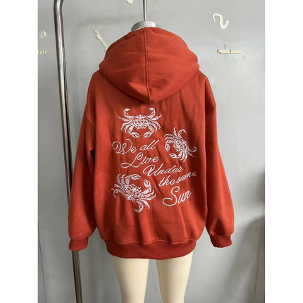 Combhasaki Women Loose Y2K Aesthetic Letter Sea Embroidered Hooded Long Sleeve Sweatshirts Pullover Tops with Kangaroo Pockets