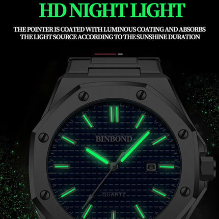 BINBOND Men's Watch Top Brand Royal Casual Men Big Dial Silver Stainless Steel Calendar Quartz Wristwatch Classic Luminous B0233