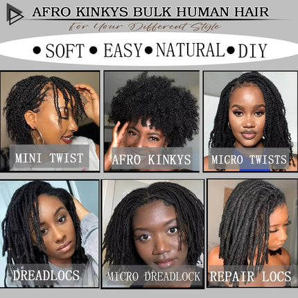8inch Afro Kinky Bulk Human Hair 30g/Pack for Dreadlock Extensions Repair Locs Twist Braiding Afro Kinky Human Hair for Locs