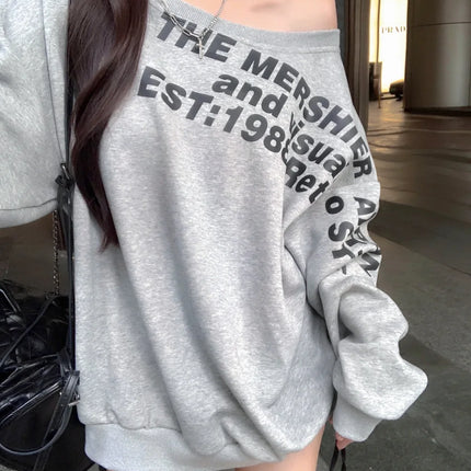 Sexy Oversized T-shirt Women Streetwear Letter Print Skew Collar Off Shoulder Long Sleeve Basic Top Korean Fashion Loose T-shirt