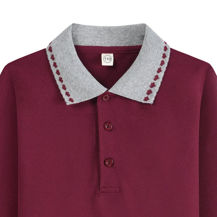 Korean Children'S Polo Shirts Spring/Autumn Casual Vintage Contrast Colour Long Sleeved Shirt Lapel Buttoned School Uniforms