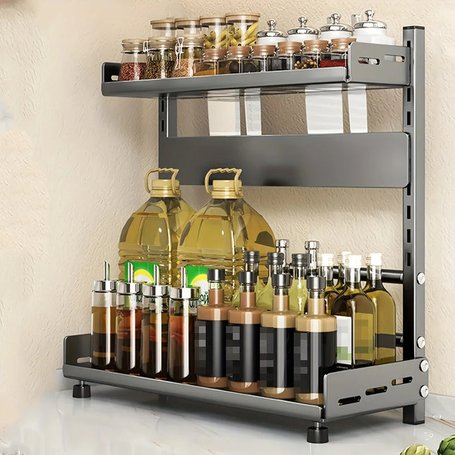 Versatile 2-Tier Carbon Steel Spice & Utensil Rack - Must-Have Countertop Storage for Kitchen Desk Organization