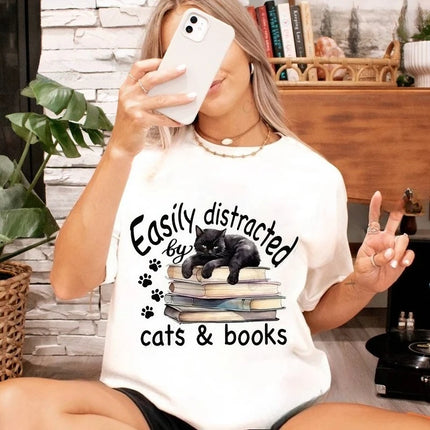 Cat Reading Design T-shirt, Women's and Girls' Sizes, A Perfect Gift for Book Lovers and Cat Owners - A Summer Book-themed T-shirt