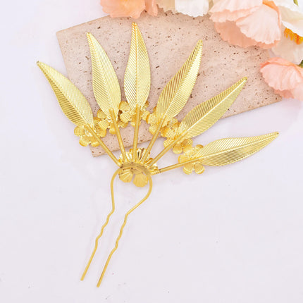 New Golden Alloy Leaf Crystal Flower Hairpin Hair Accessories for Women Thailand Ethnic Dance Party Decoration Headwear Jewelry