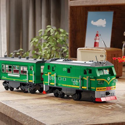 Technical Retro Green Steam Train City Car Electric Model Rechargeable Lithium Battery Motor Building Blocks Toys For Gifts