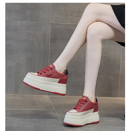 Fujin 9cm 3 inch comfortable platform sneakers for women Genuine Leather Women Vulcanized Shoes Platform High Heels Casual Shoes
